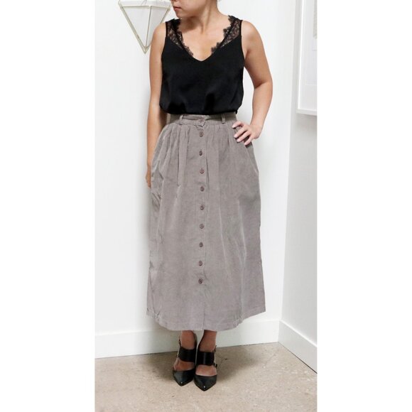 90s Taupe Grey Corduroy Skirt w/ Mauve Button Up Front, A Line Silhouette, Women - Picture 3 of 8
